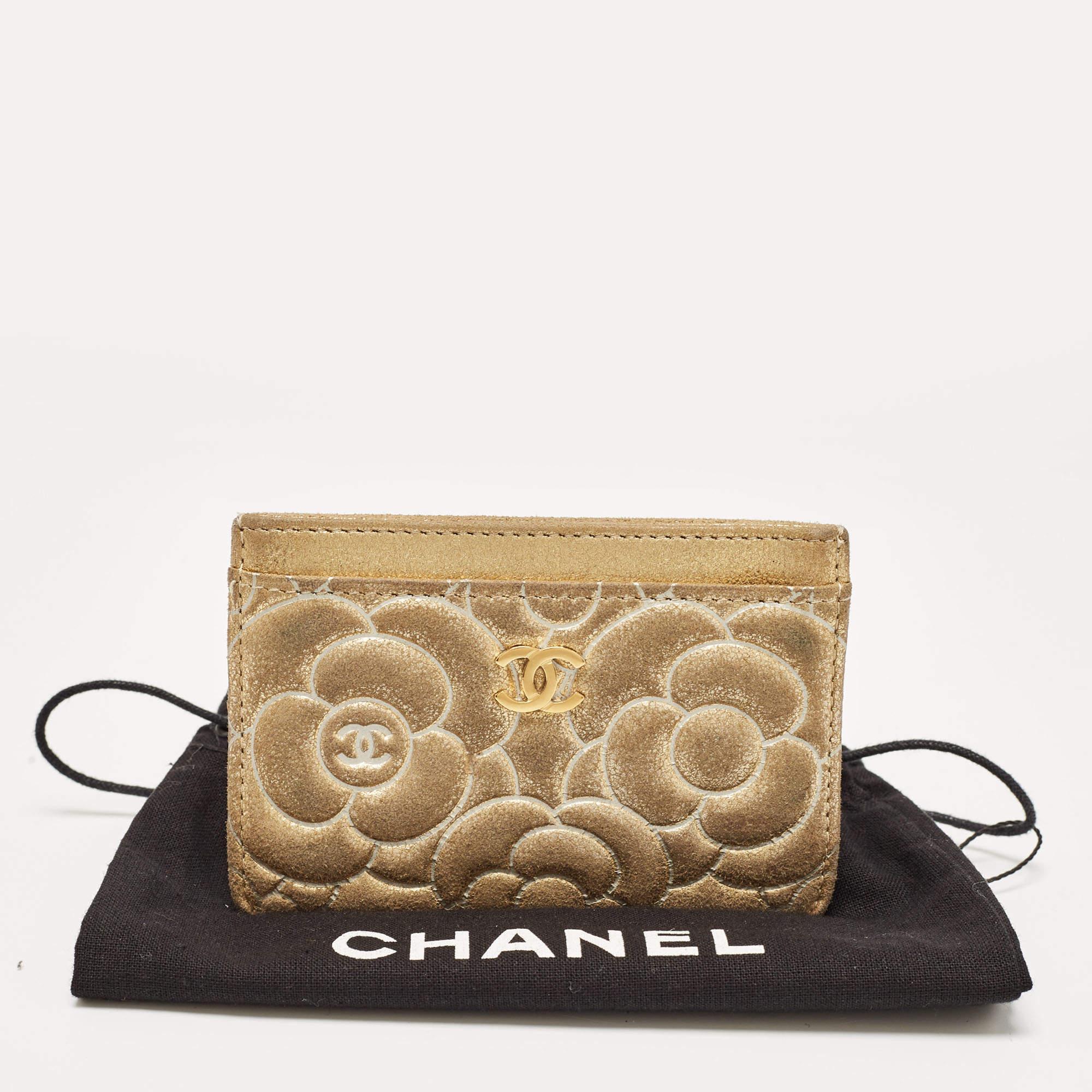 Chanel Gold Suede Camellia Embossed Classic Card Holder 4