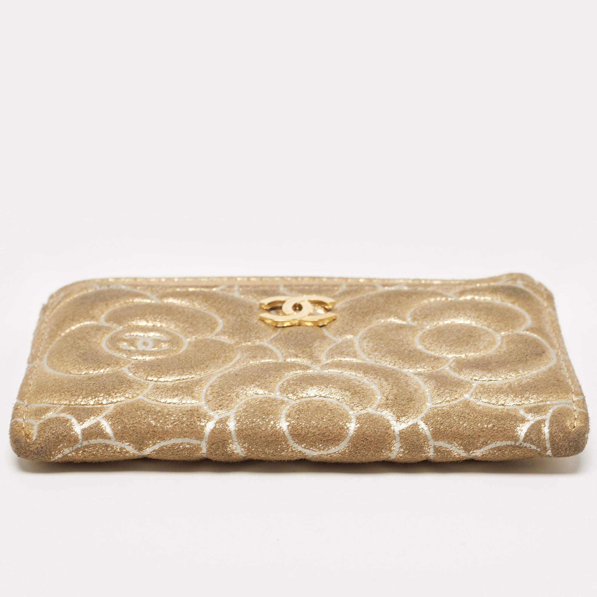 Chanel Gold Suede Camellia Embossed Classic Card Holder 5