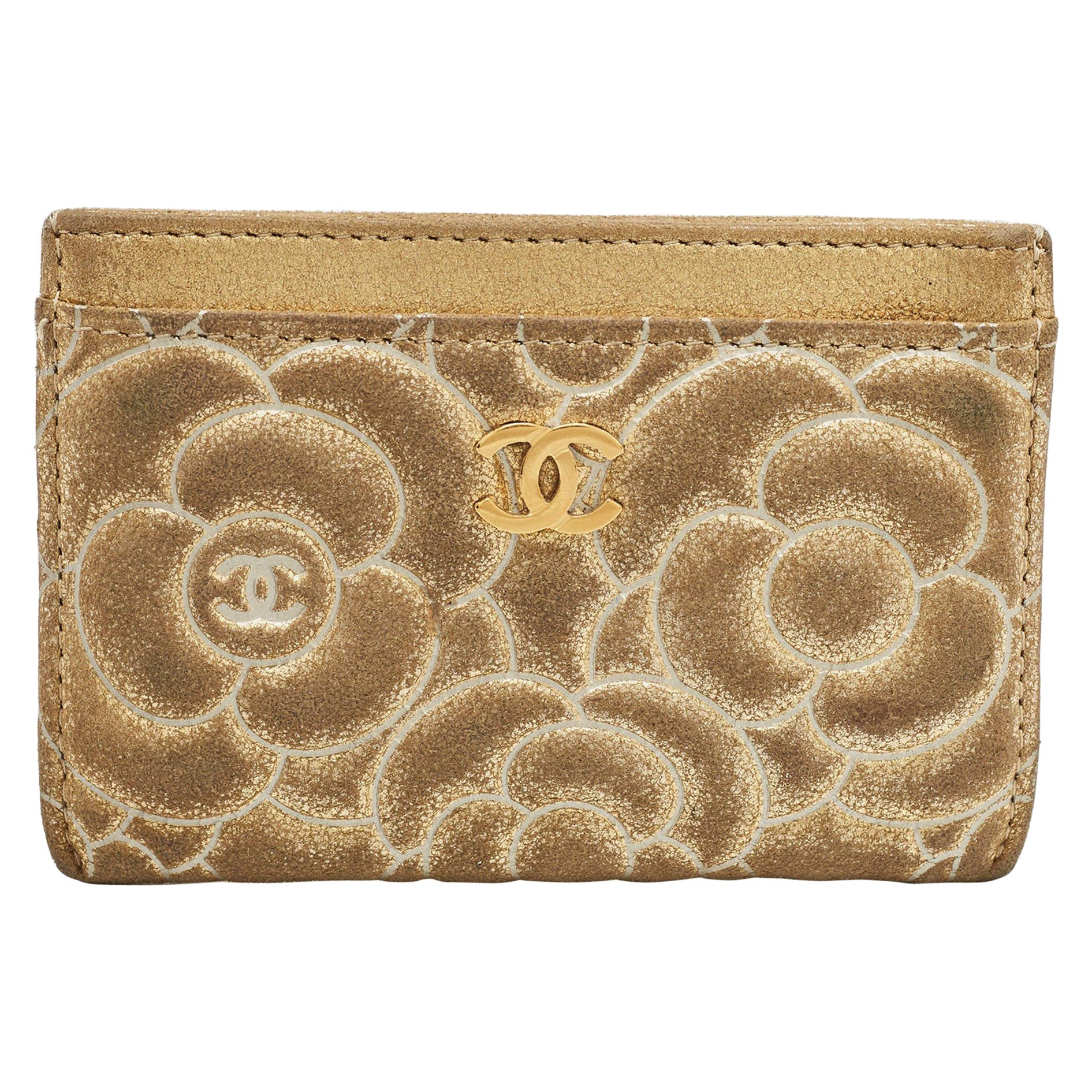 Chanel Gold Suede Camellia Embossed Classic Card Holder