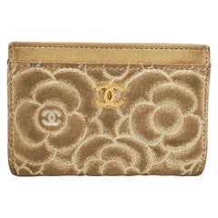 Chanel Gold Suede Camellia Embossed Classic Card Holder