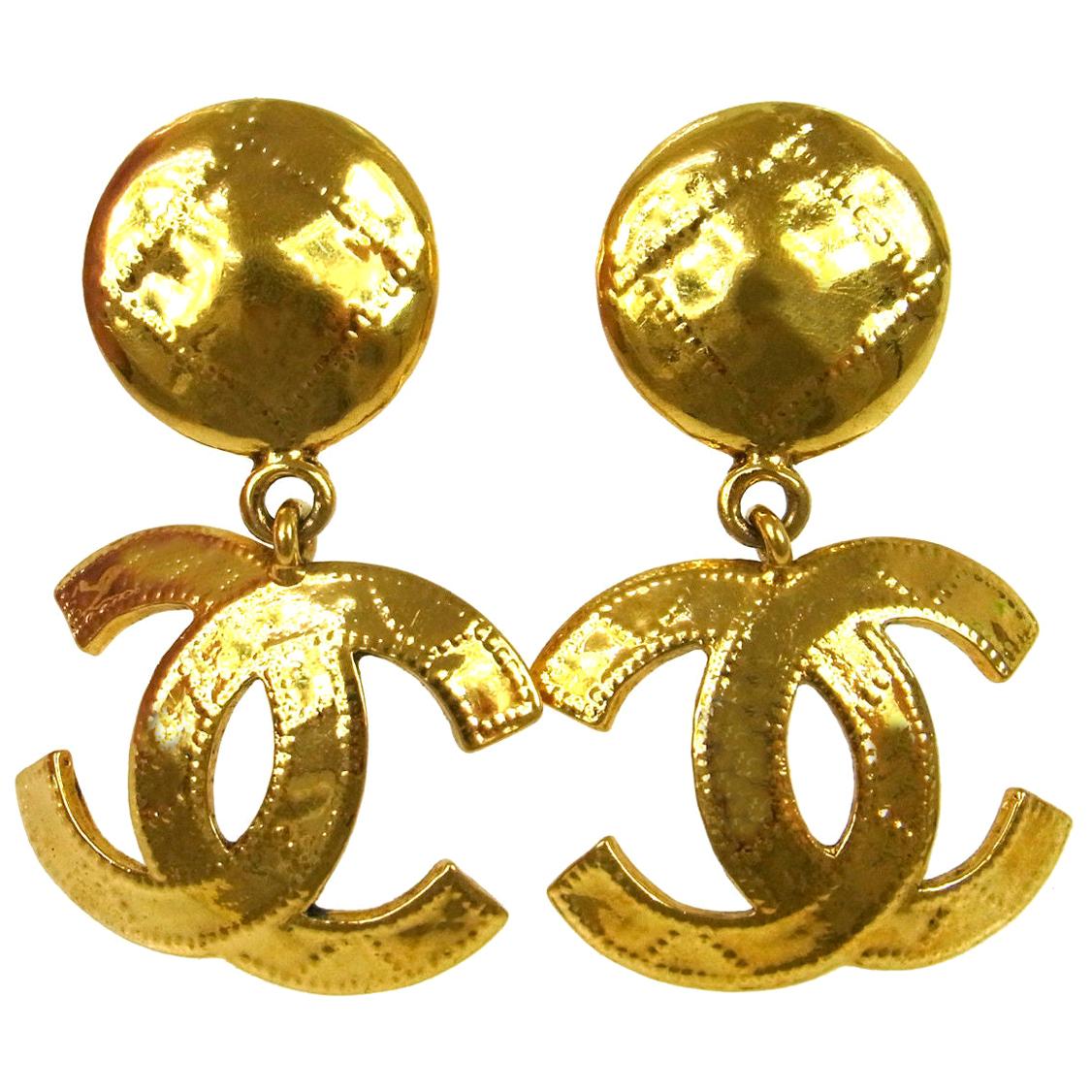 CHANEL CC Logo Gold Metal Earrings Evening Dangle Drop Large Circa