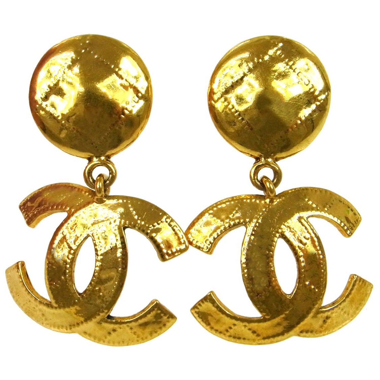 Gold Metal Button Oversized CC Logo Dangle Earrings | islamiyyat.com