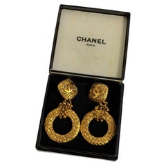 Chanel Gold Textured CC Chain Hoop Dangle Clip On Earrings