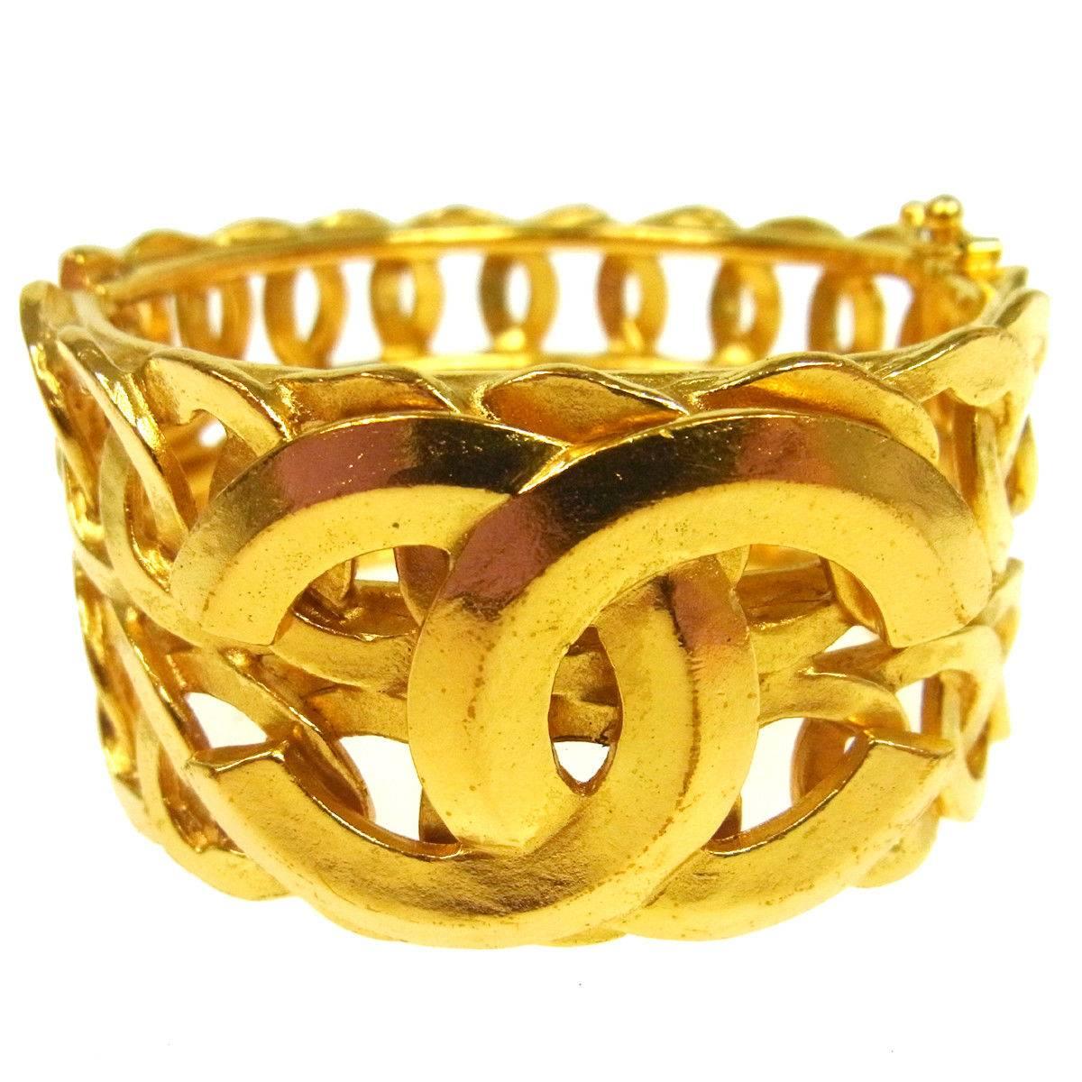 Art Deco Chanel Gold Textured Charm Statement  Evening Wide Double Cuff Bracelet 