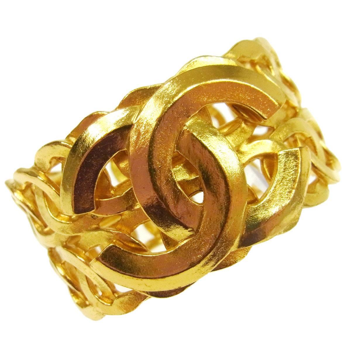 Chanel Gold Textured Charm Statement  Evening Wide Double Cuff Bracelet 