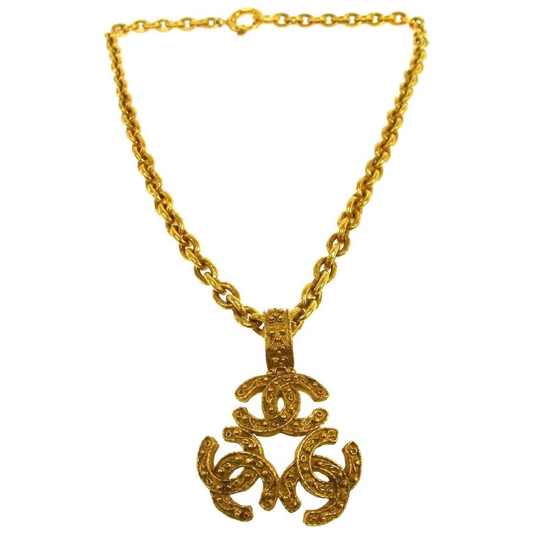 Chanel Gold Textured Charm Three CC Link Evening Drop Pendant Chain ...