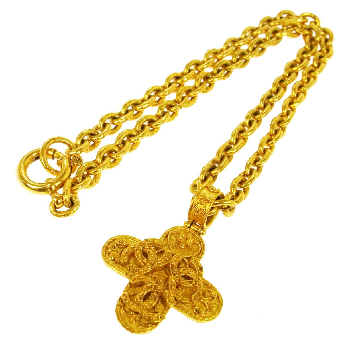 Chanel Gold Textured Cross Charm CC Evening Drop Link PendantChain Necklace