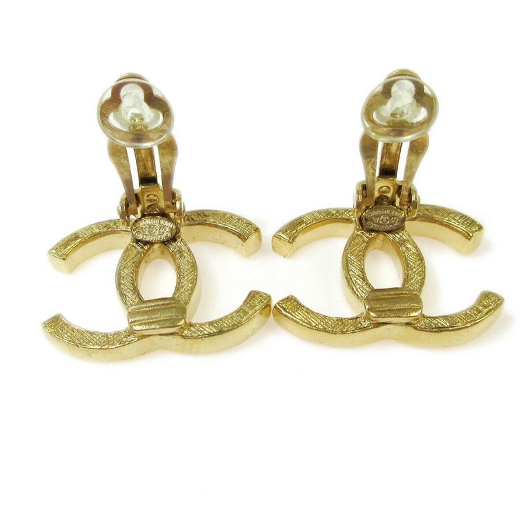 Chanel Gold Textured Gold CC Charm Evening Stud Earrings in Box at 1stDibs