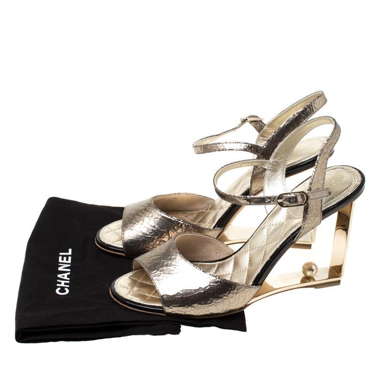 Chanel Gold Textured Leather CC Pearl Heel Ankle Strap Sandals Size 38 For  Sale at 1stDibs