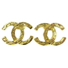 Chanel Gold Textured Logo Charm CC Logo Evening Stud Earrings 