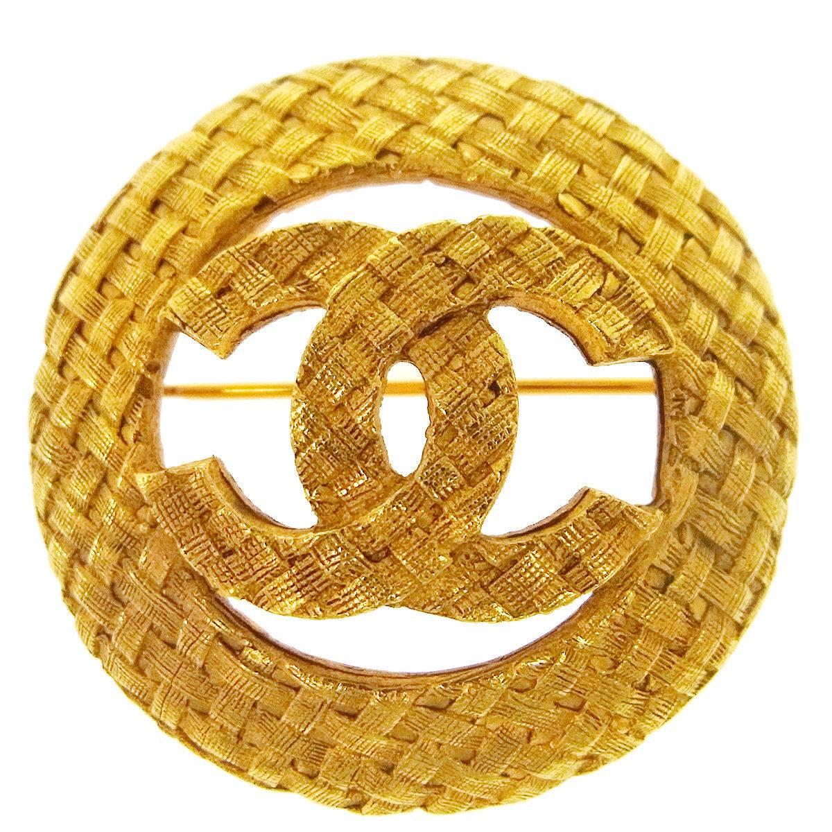Chanel Gold Textured Logo Round Evening Pin Brooch in Box