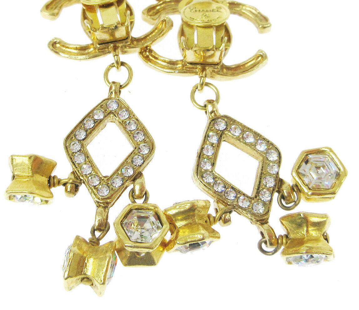 Chanel Gold Textured Rhinestone Gold CC Charm Evening Dangle Earrings in Box  In Good Condition In Chicago, IL