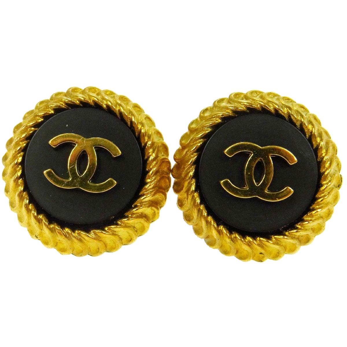 Chanel Gold Textured Ridge Black Logo Stud Evening Earrings