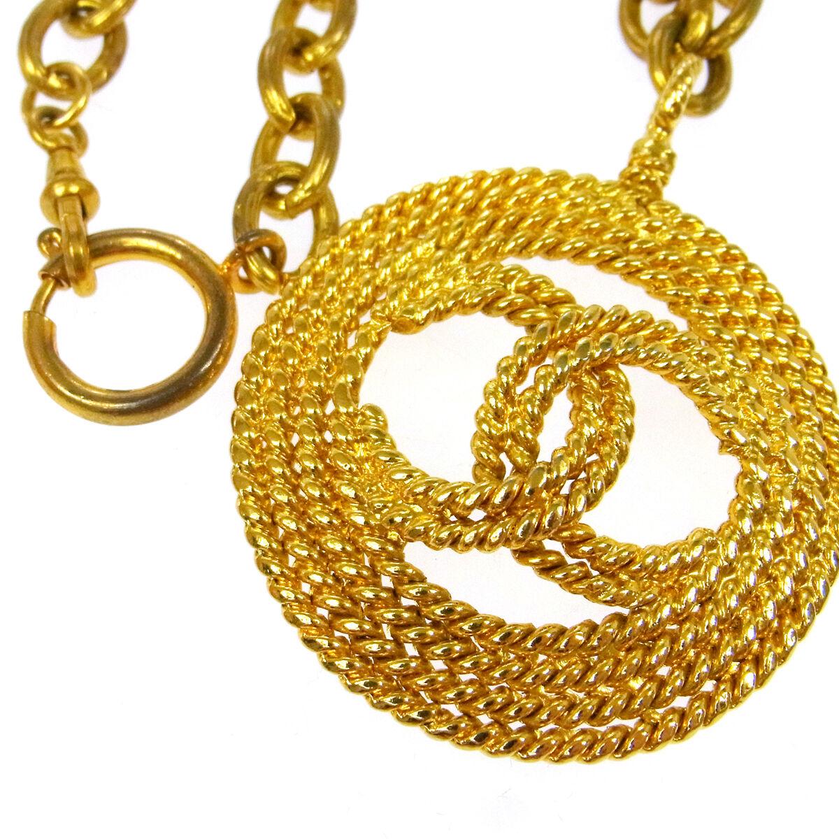 Round Cut Chanel Gold Textured Round Charm CC Evening Drop Link Chain Necklace