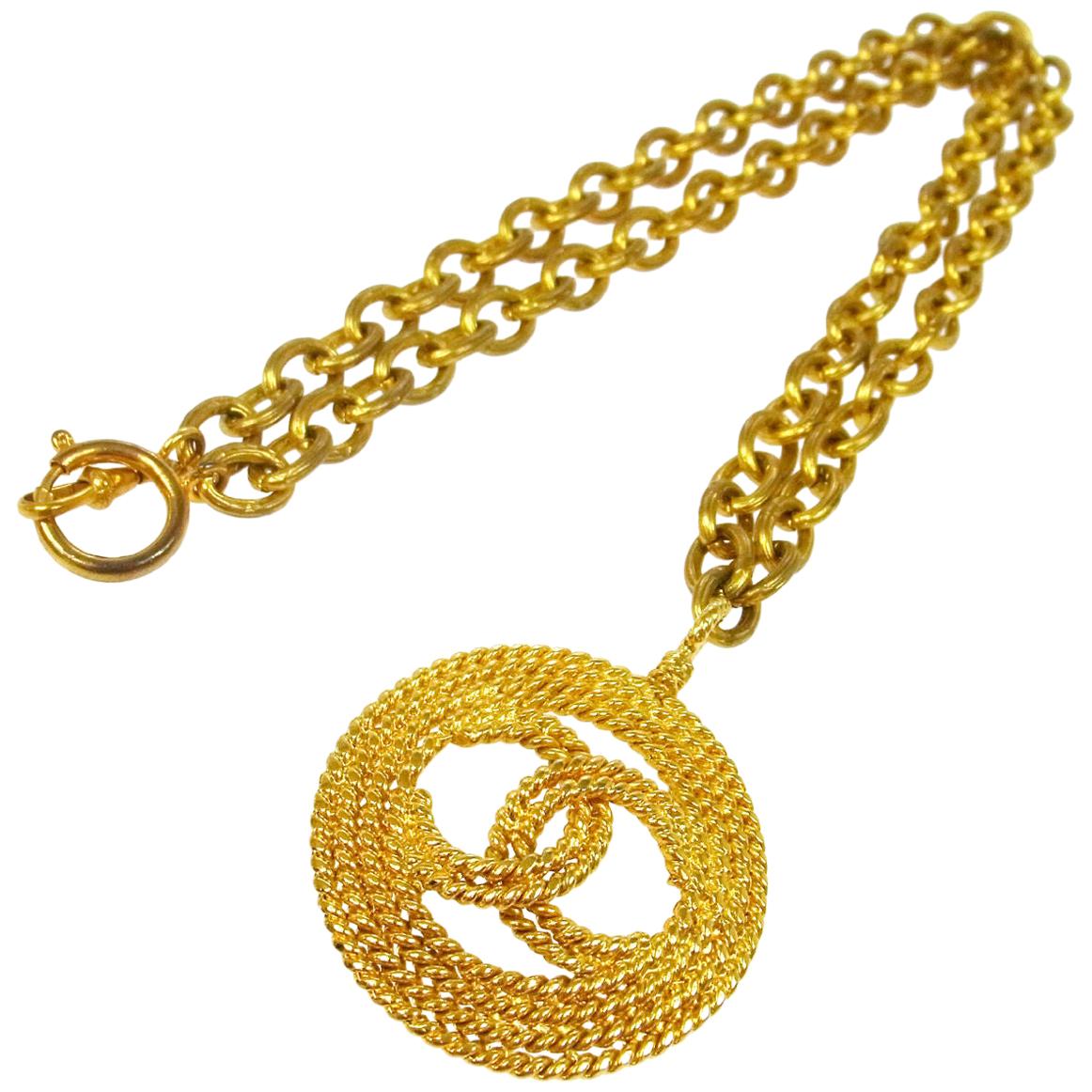 Chanel Gold Textured Round Charm CC Evening Drop Link Chain Necklace