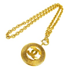 Chanel Gold Textured Round Coin Charm CC Evening Drop Link  Chain Necklace