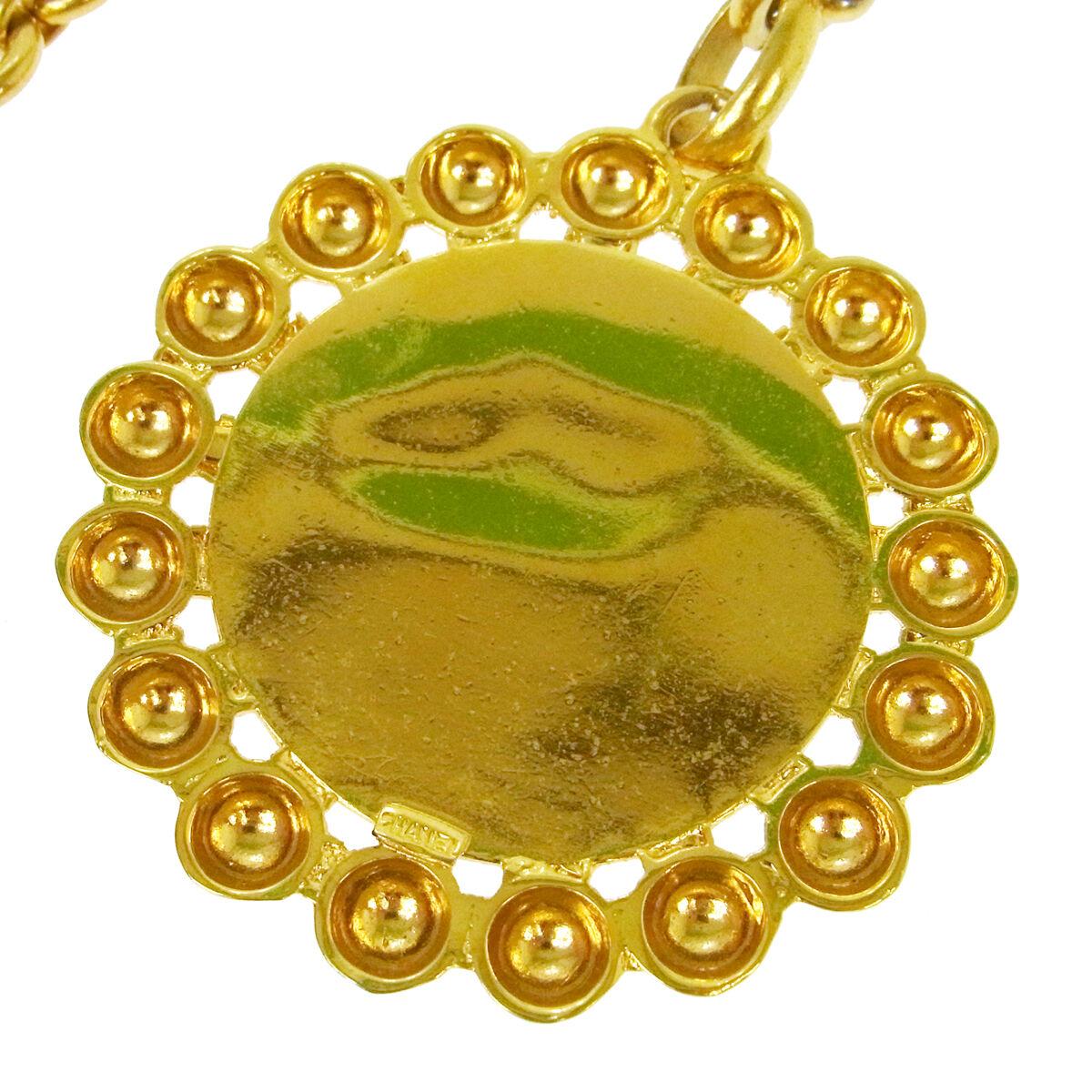 Round Cut Chanel Gold Pendant Round Crown Charm CC Evening Drop Link Chain Necklace