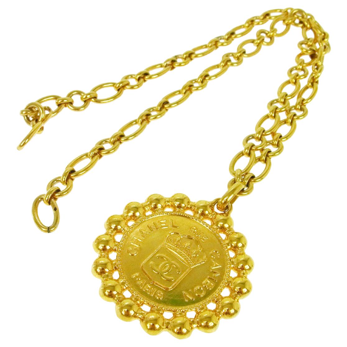 Chanel Gold Pendant Round Crown Charm CC Evening Drop Link Chain Necklace