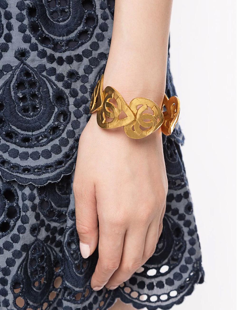 Women's Chanel Gold Textured Thick CC Charm Evening Statement Cuff Bracelet 