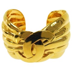 Chanel Gold Textured Thick CC Charm Evening Statement Cuff Bracelet 