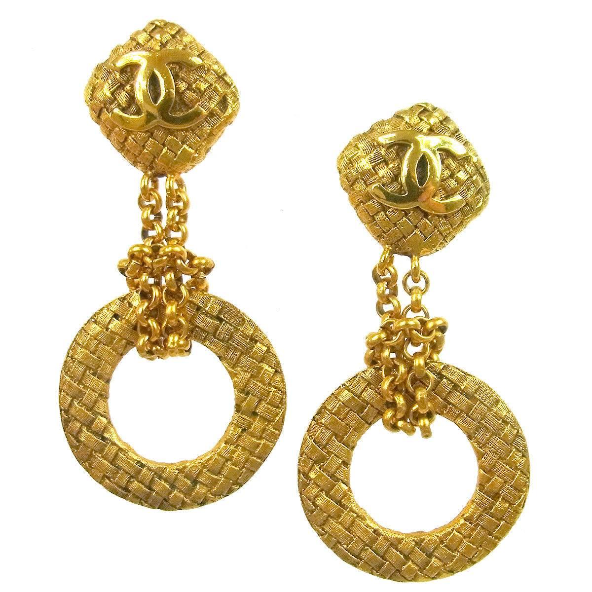 Chanel Gold Textured Two Tier Cushion Chandelier Hoop Evening Earrings in Box
