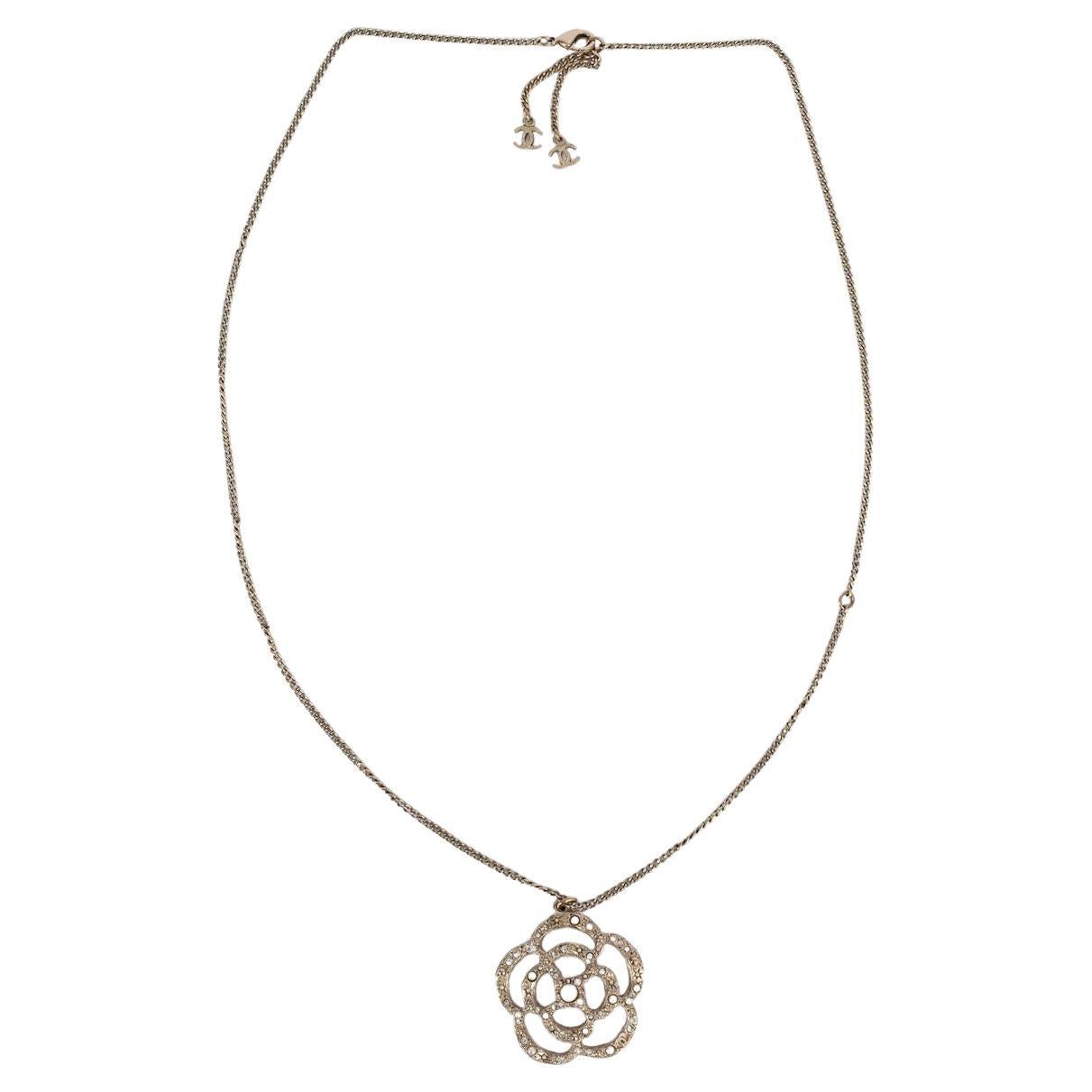 CHANEL gold-tone 2014 14V CAMELLIA CRYSTAL & PEARL CHAIN Necklace For Sale
