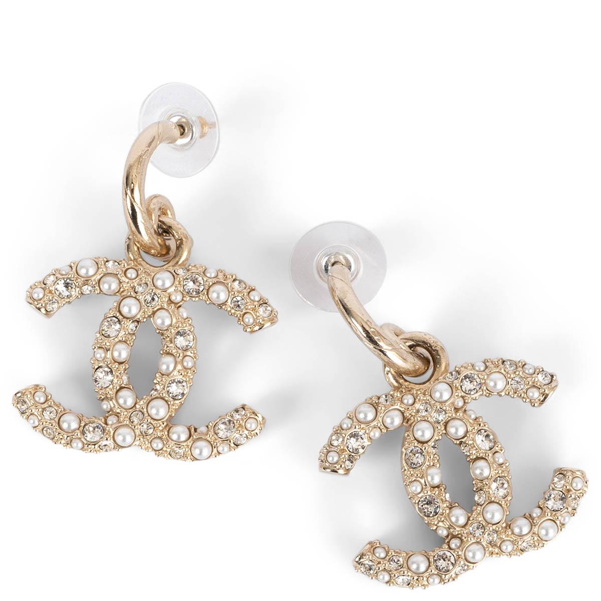Chanel CC Faux Pearl Crystal Gold Tone Drop Earrings Chanel