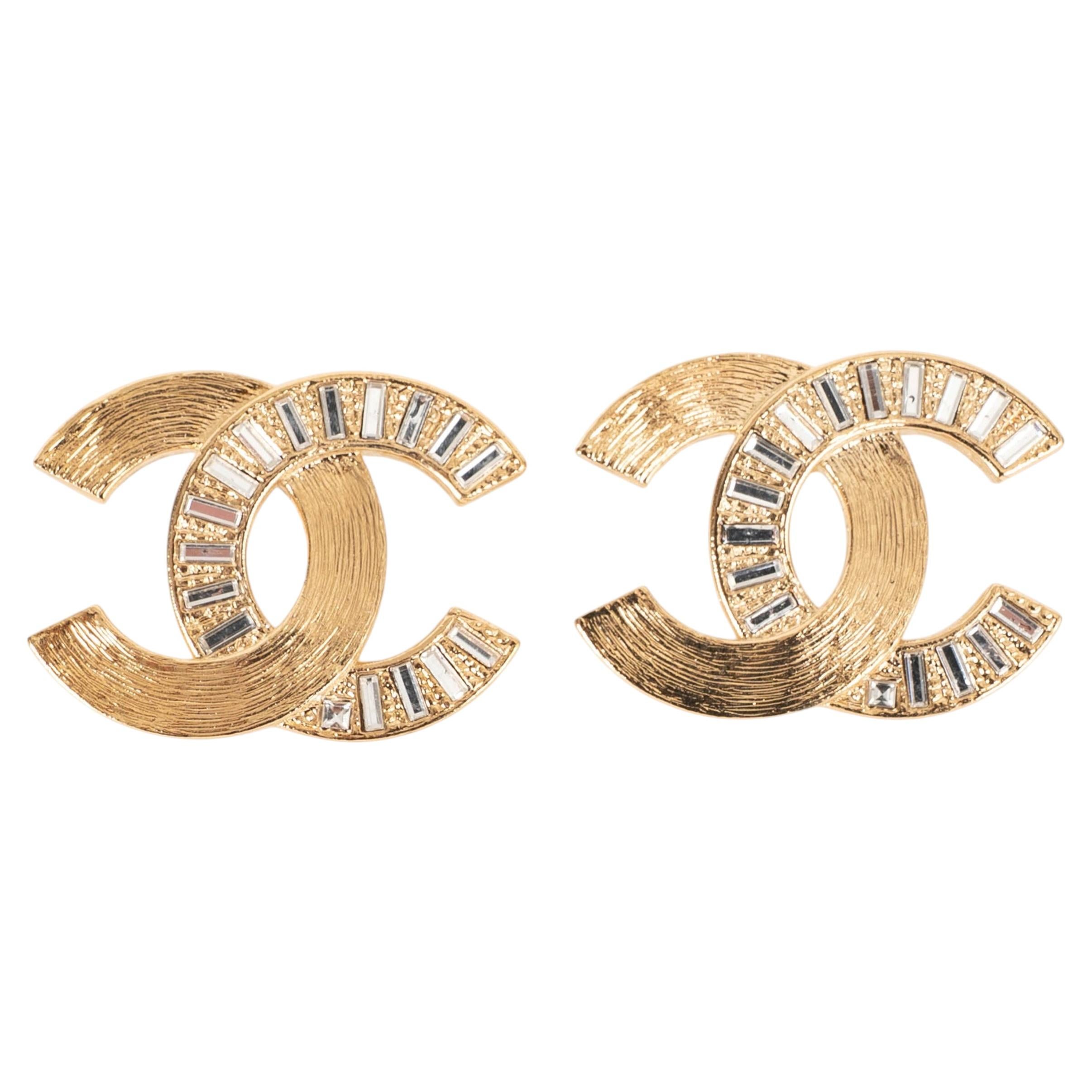 CHANEL gold-tone 24S CC CRYSTAL & BRUSHED GOLD Earrings For Sale