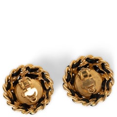 CHANEL gold-tone 91P IMITATION PEARL & LEATHER CHAIN Earrings Ear Clips