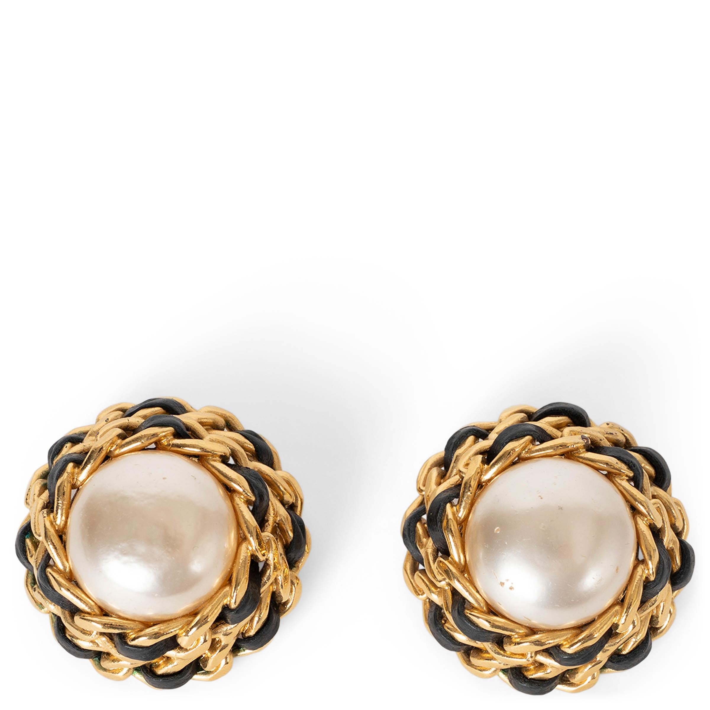CHANEL gold-tone 91P IMITATION PEARL
LEATHER CHAIN Earrings Ear Clips