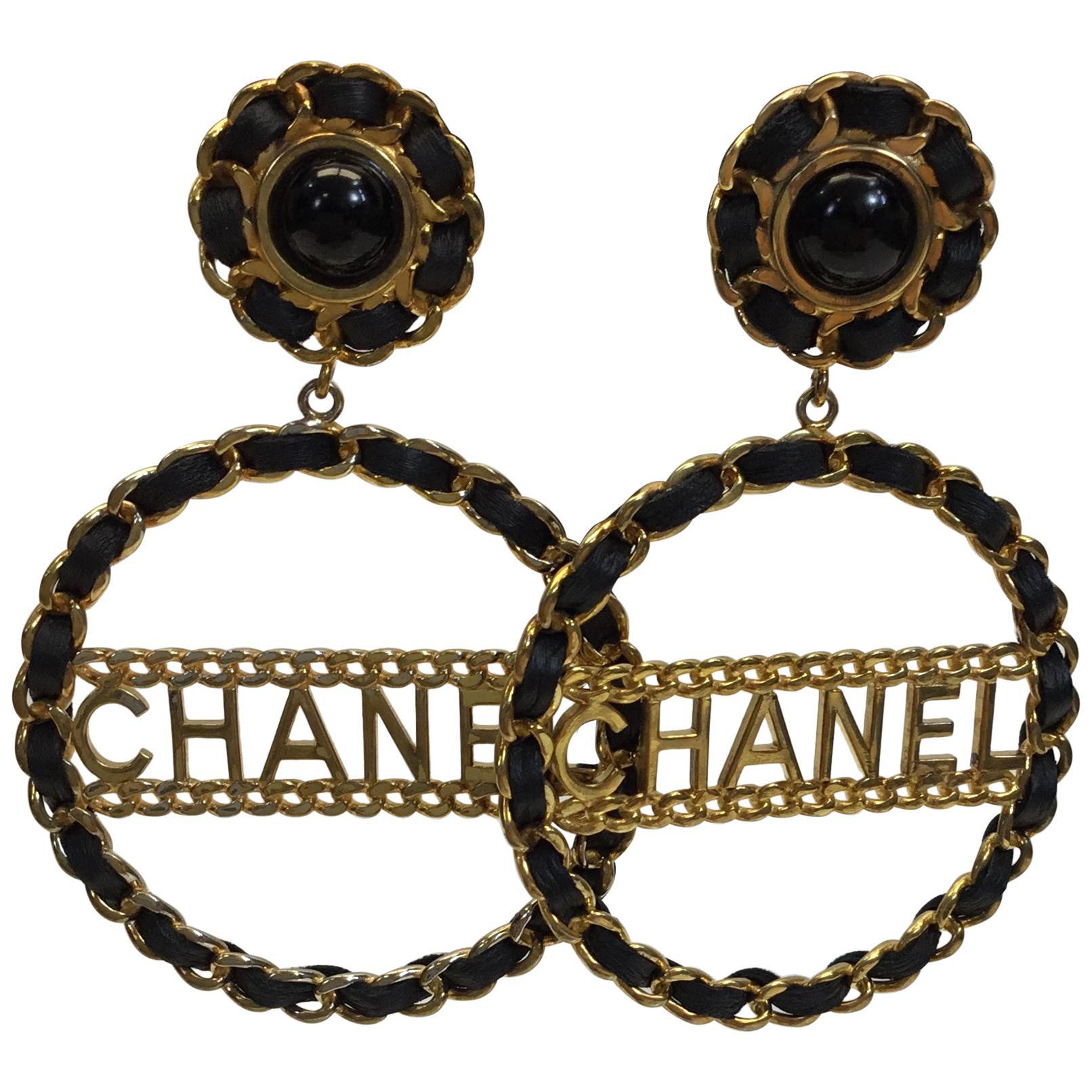Chanel Gold Tone and Black "Chain" Clip On Earrings For Sale