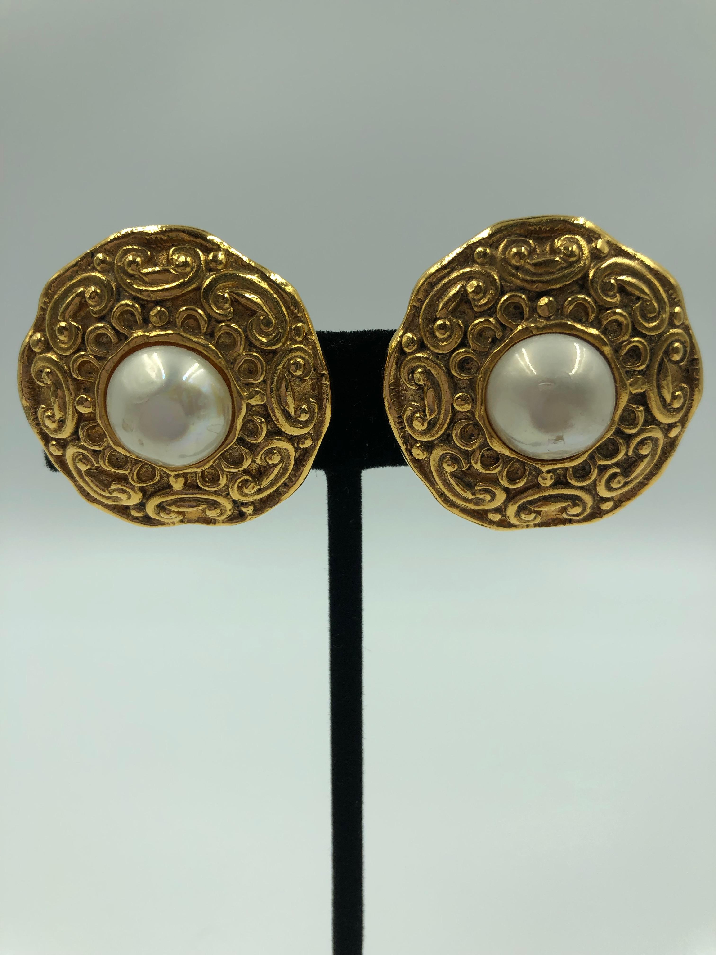 Chanel Gold Tone and Faux Pearl Clip On Earrings 2