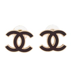 Chanel Gold Tone and Oxblood Leather CC Stud Earrings