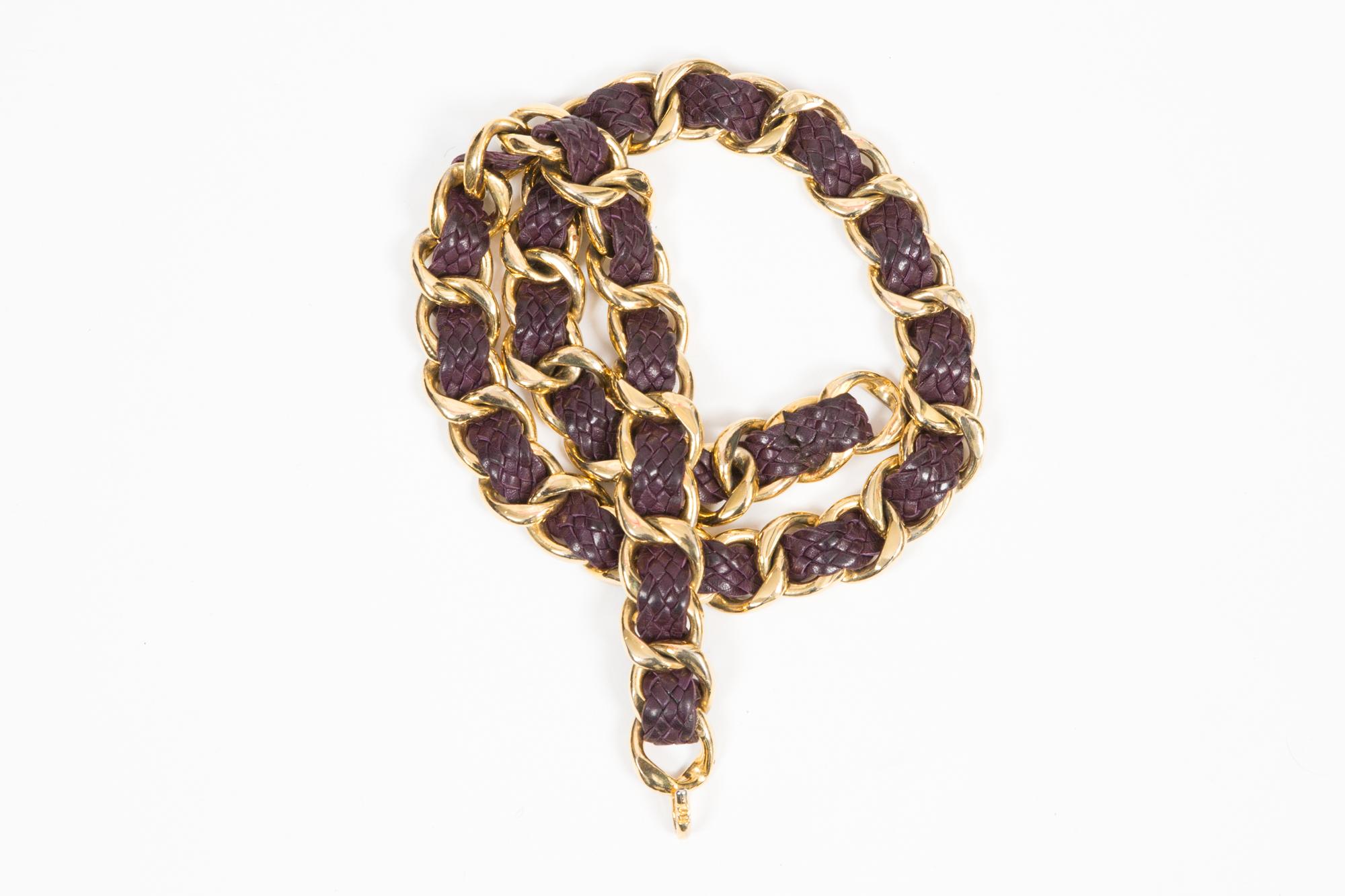 Women's Chanel Gold Tone and Plum Leather Chain Belt  For Sale