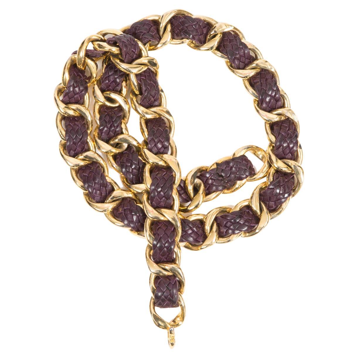 Chanel Gold Tone and Plum Leather Chain Belt  For Sale