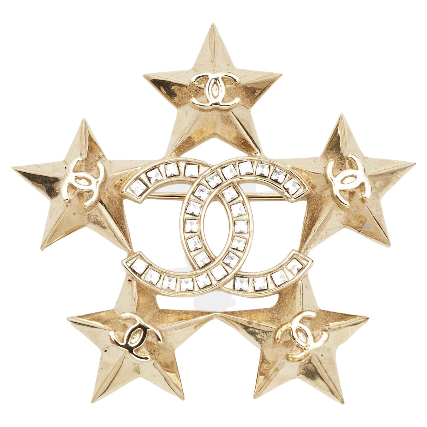 Chanel Gold Tone Baguette Crystal CC Star Pin Brooch