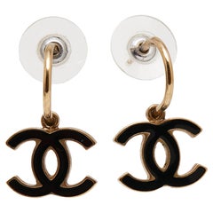 Chanel Gold Tone Black Enamel CC Drop Earrings