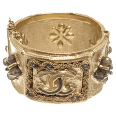 Chanel Gold-tone Calfskin & Labradorite CC Wide Cuff Bangle