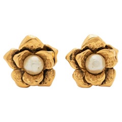  Chanel Gold Tone Camelia Clip-on Earrings