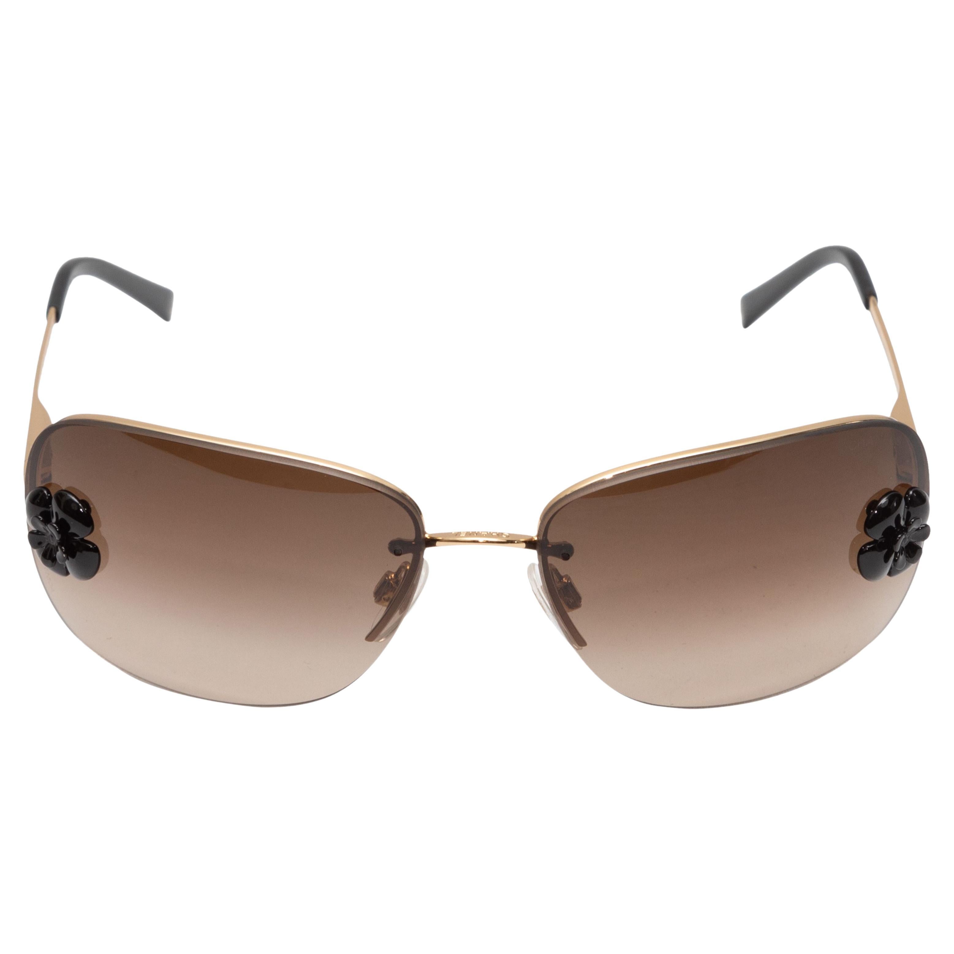 Chanel Gold-Tone Camellia Rectangular Sunglasses