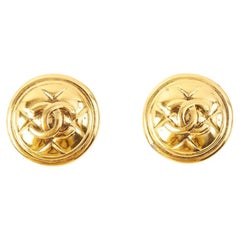  Chanel Gold Tone CC diamond-quilted clip-on earrings