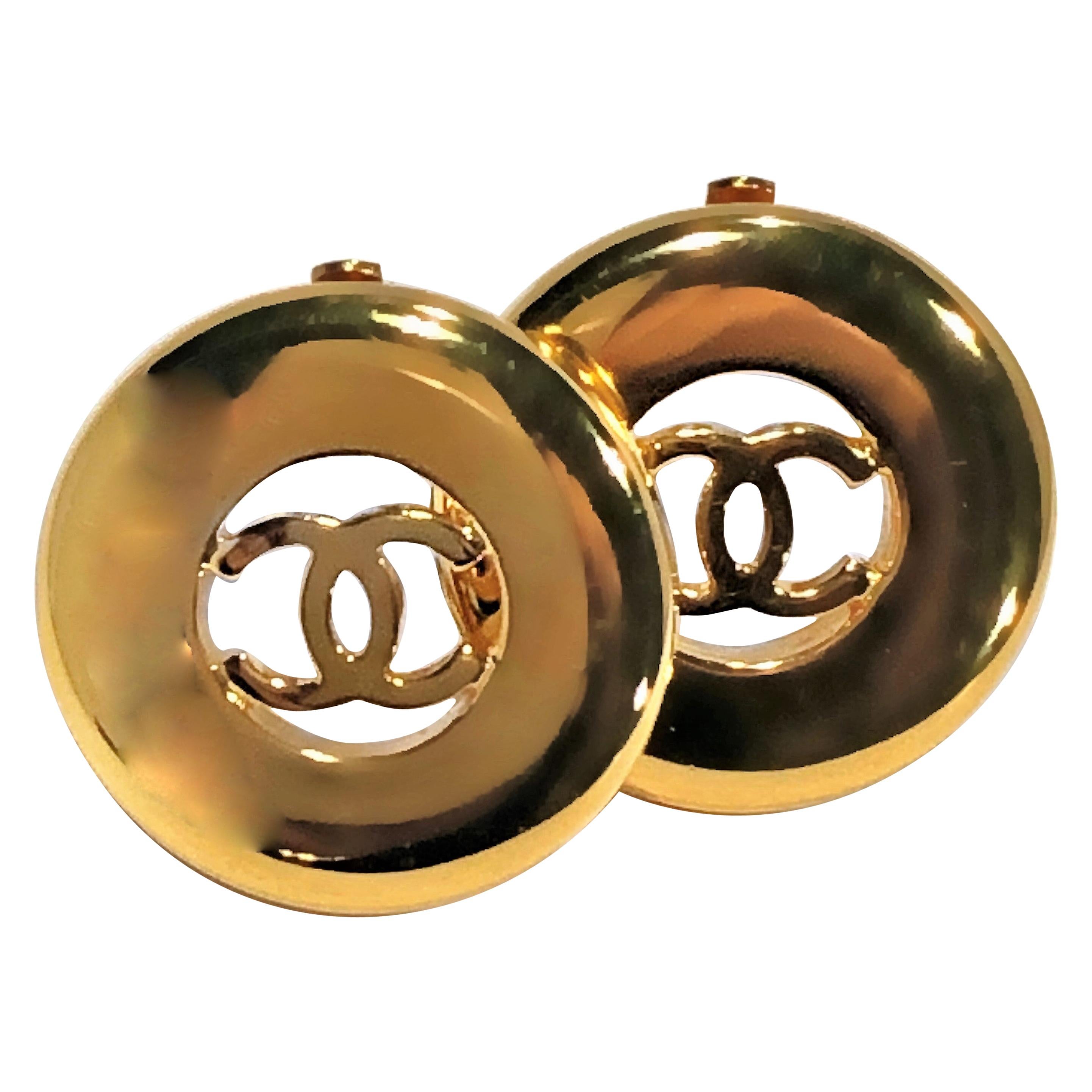 Vintage Chanel Jumbo Black Leather and Gold Tone Earrings 1 13/16 inch For  Sale at 1stDibs