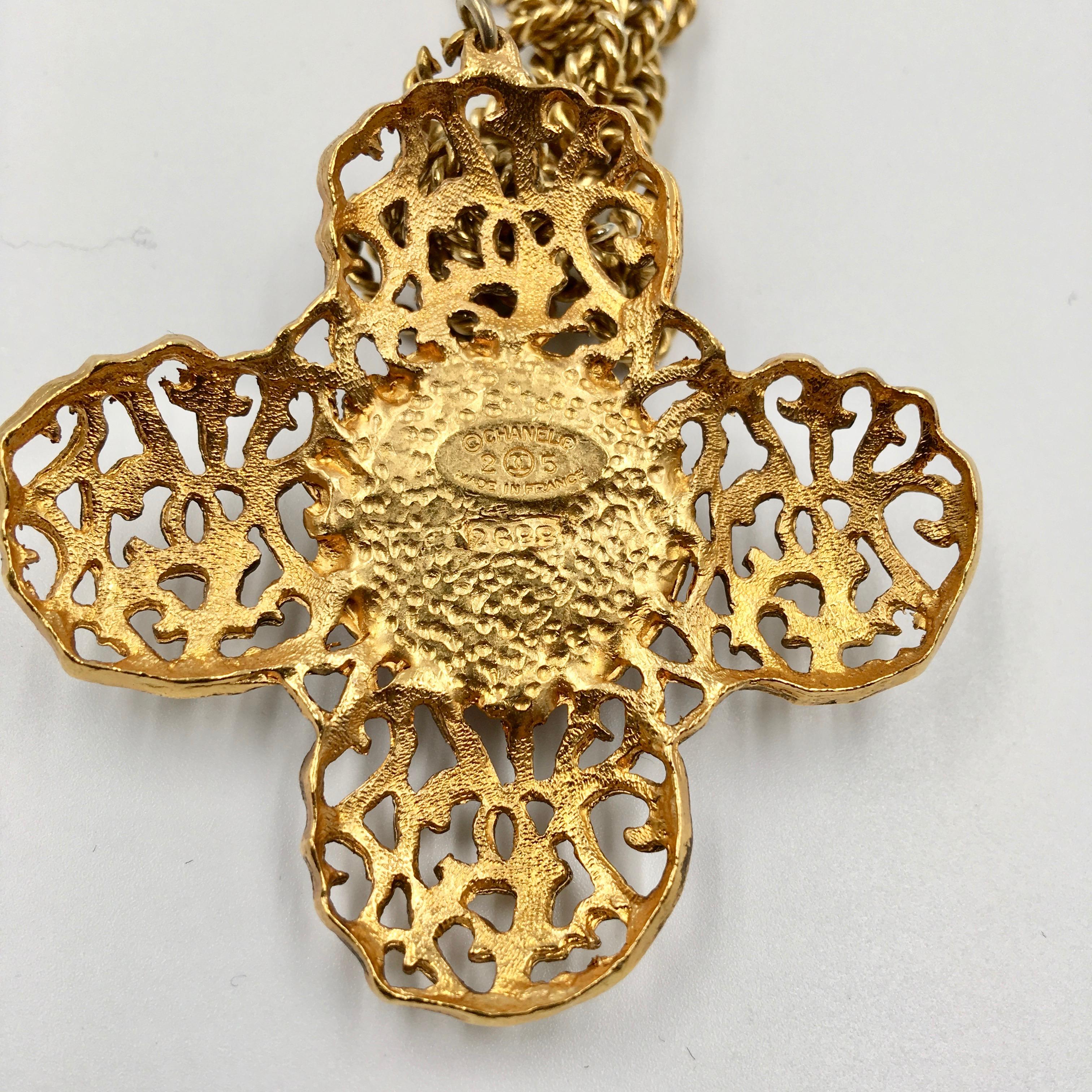 Chanel Gold Tone CC Logo Cross with Pate de Verre Poured Glass by Madam Gripoix In Good Condition For Sale In Los Angeles, CA