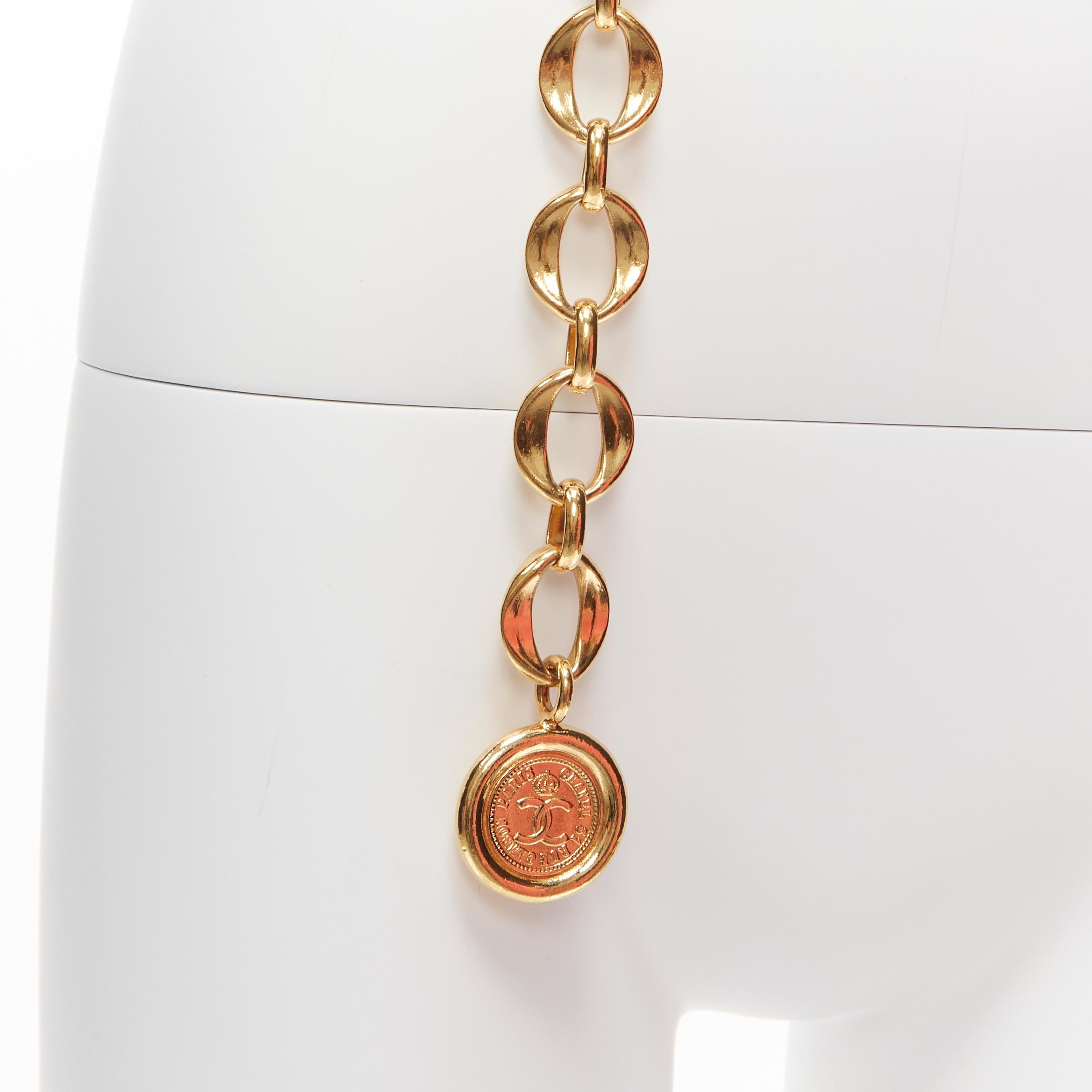 CHANEL gold tone CC logo medallion coin chunky double chain drop belt 2