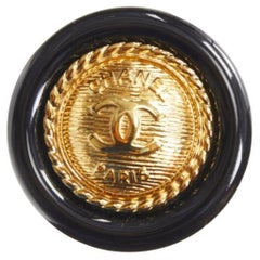 CHANEL gold tone CC medallion coin black acrylic pin brooch