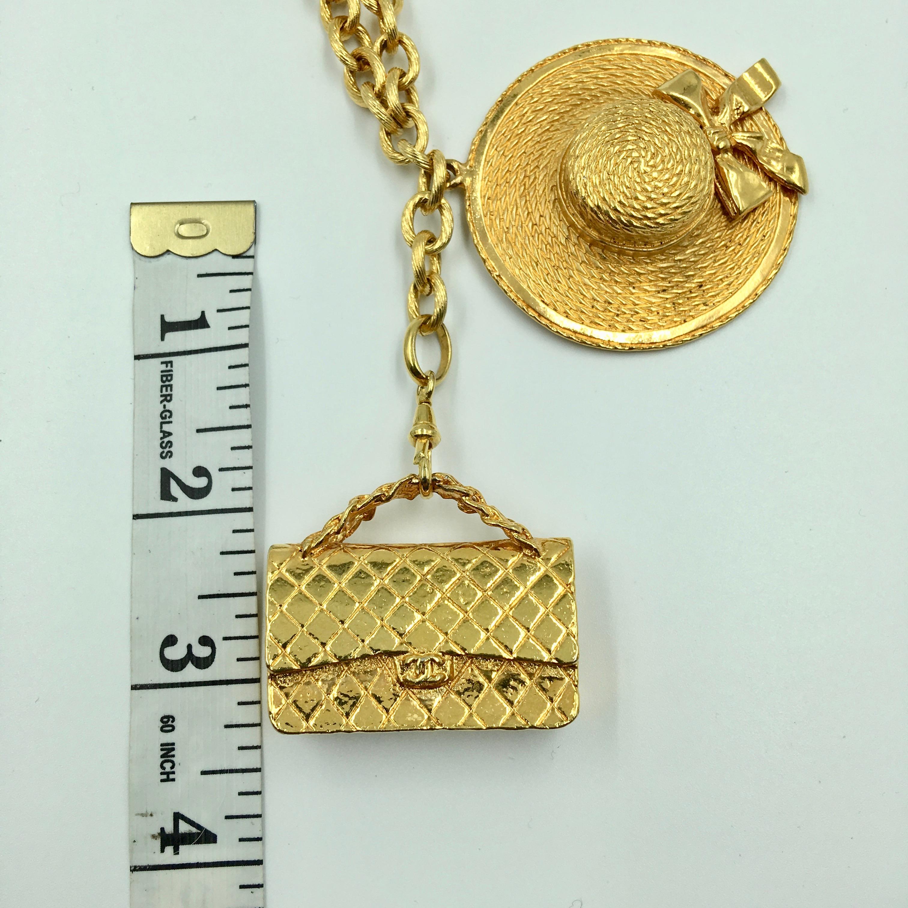 Chanel Gold Tone Classic Coco Chanel Chapeau and Quilted Handbag Charm Necklace For Sale 2