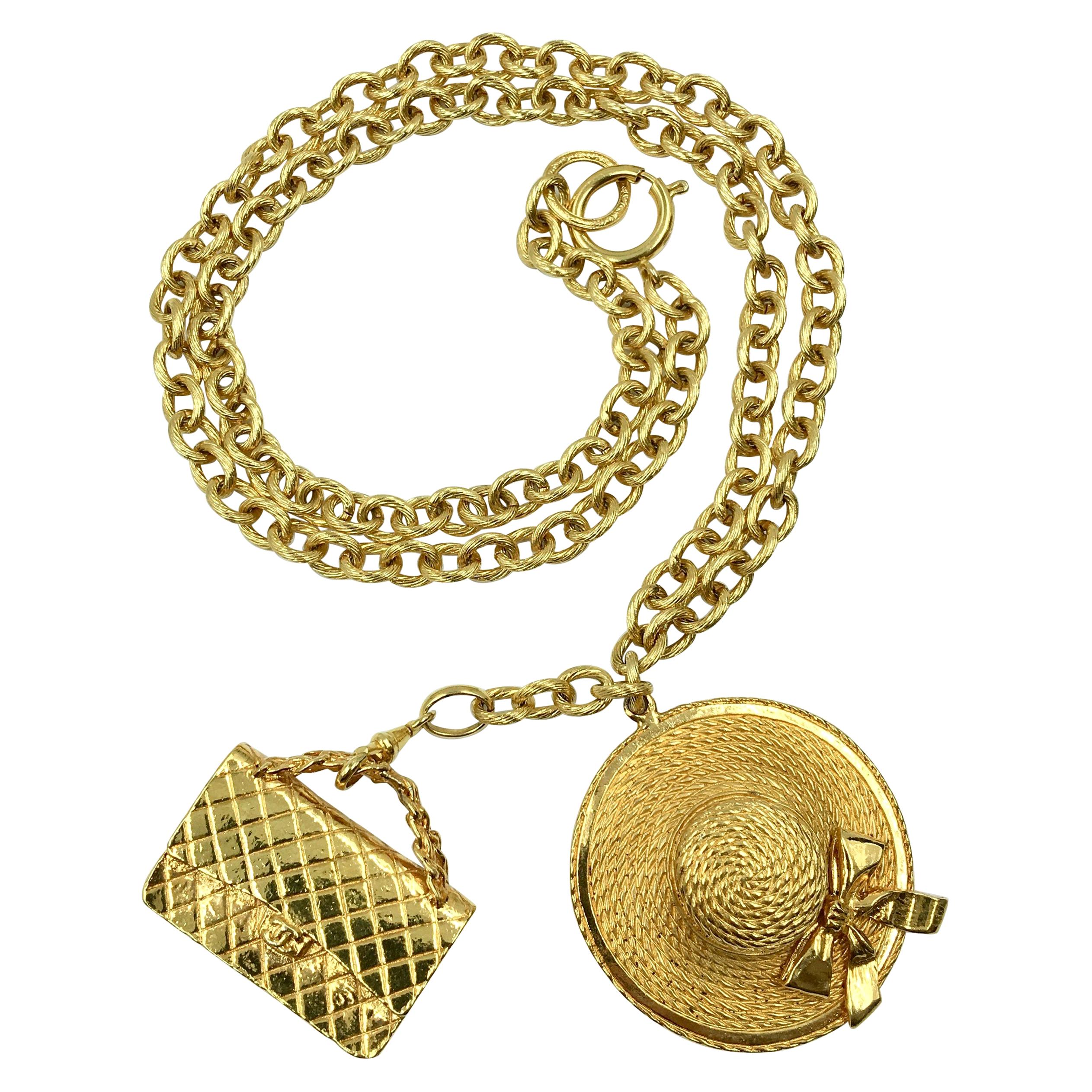 Chanel Gold Tone Classic Coco Chanel Chapeau and Quilted Handbag Charm Necklace For Sale