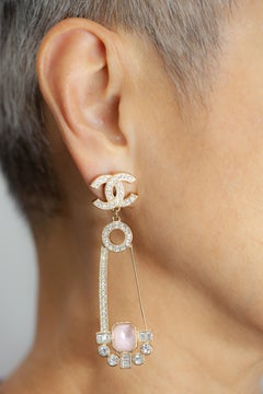 Chanel Gold-Tone Crystal and Pink Glass Drop Earrings