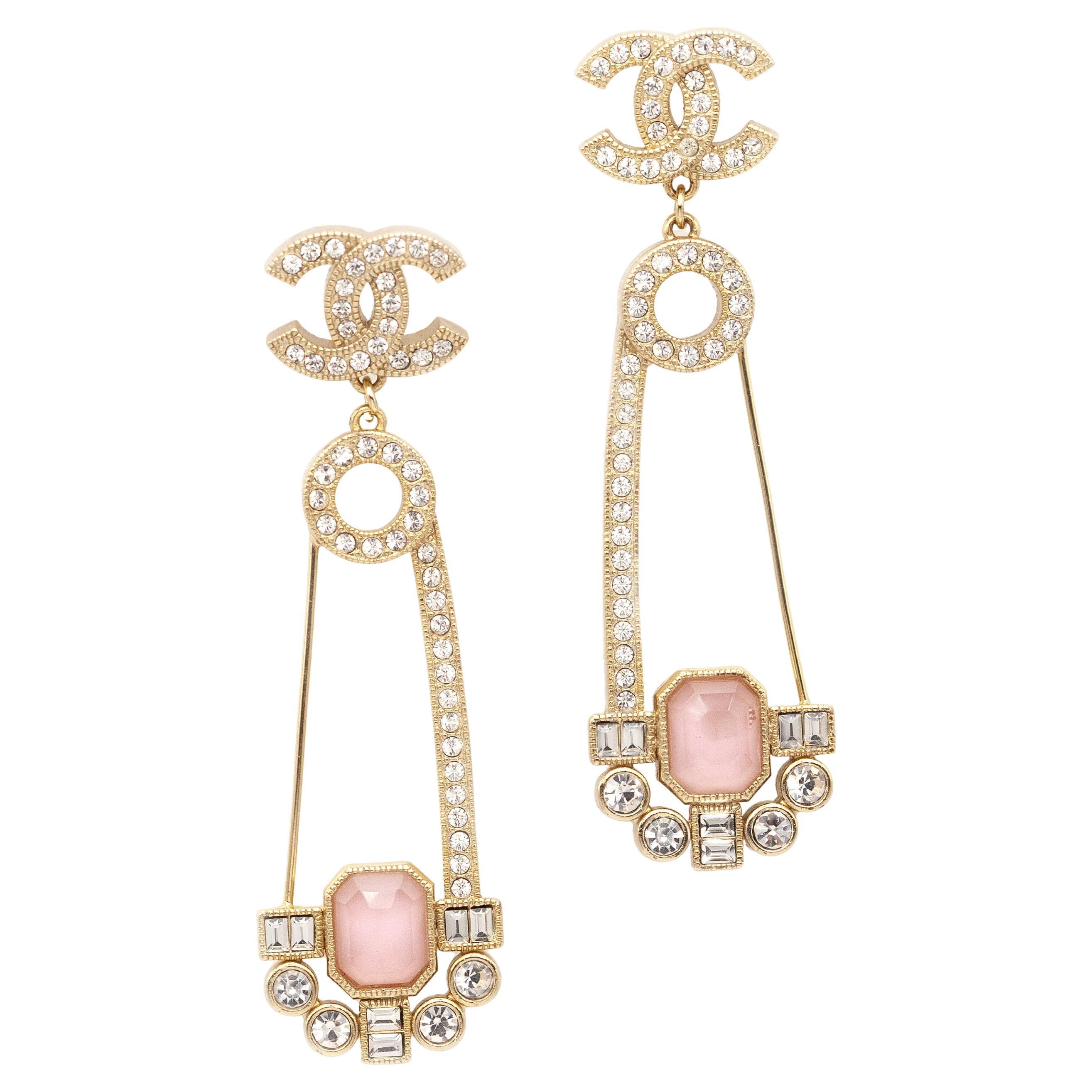 Chanel Gold-Tone Crystal and Pink Glass Drop Earrings