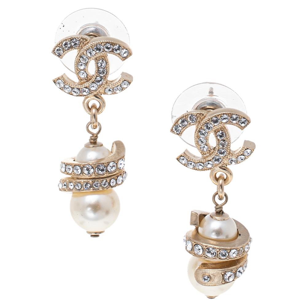 chanel crystal cc pearl drop earrings gold